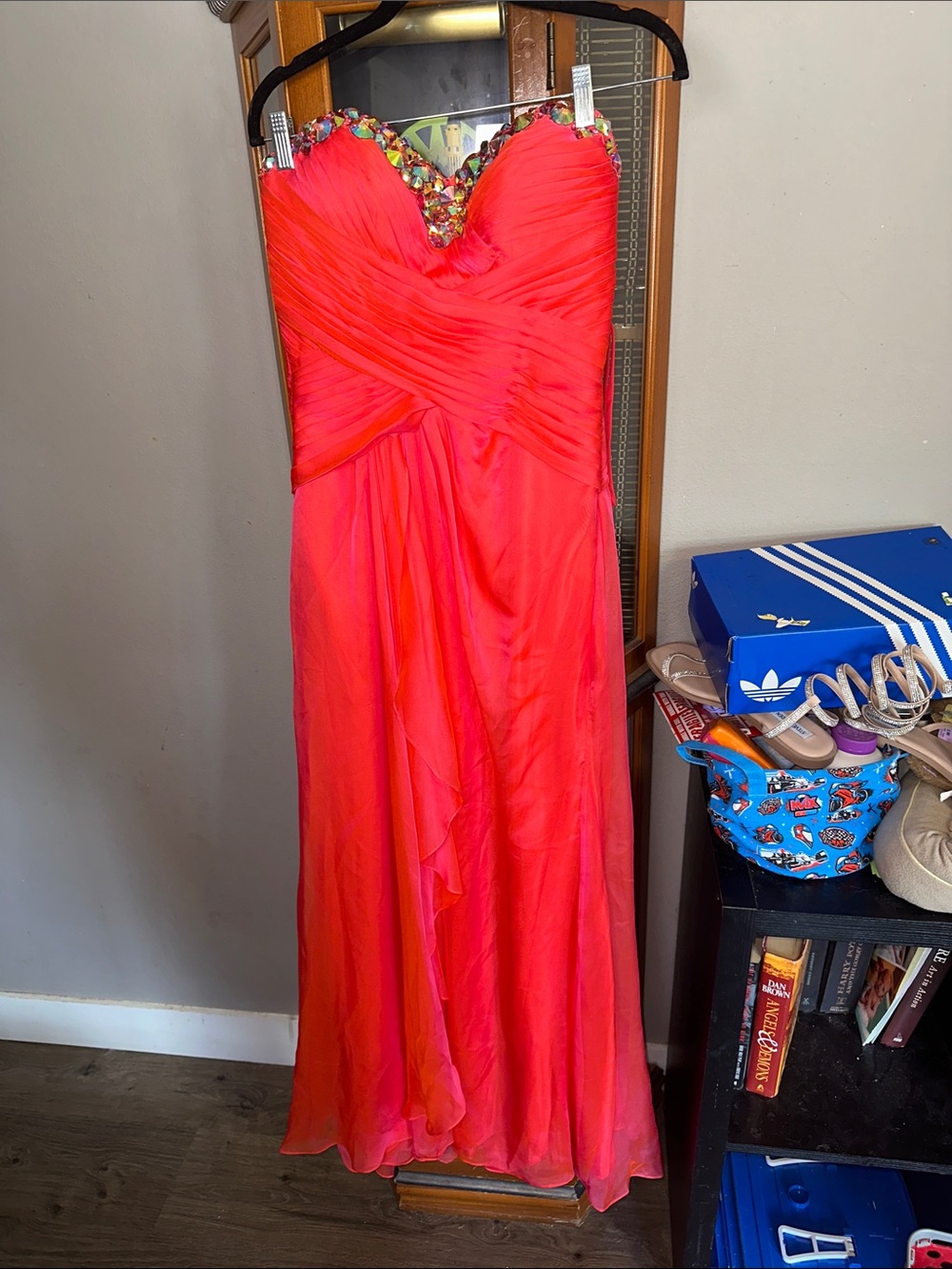 Neon Pink Strapless Beaded Sweetheart Evening Gown